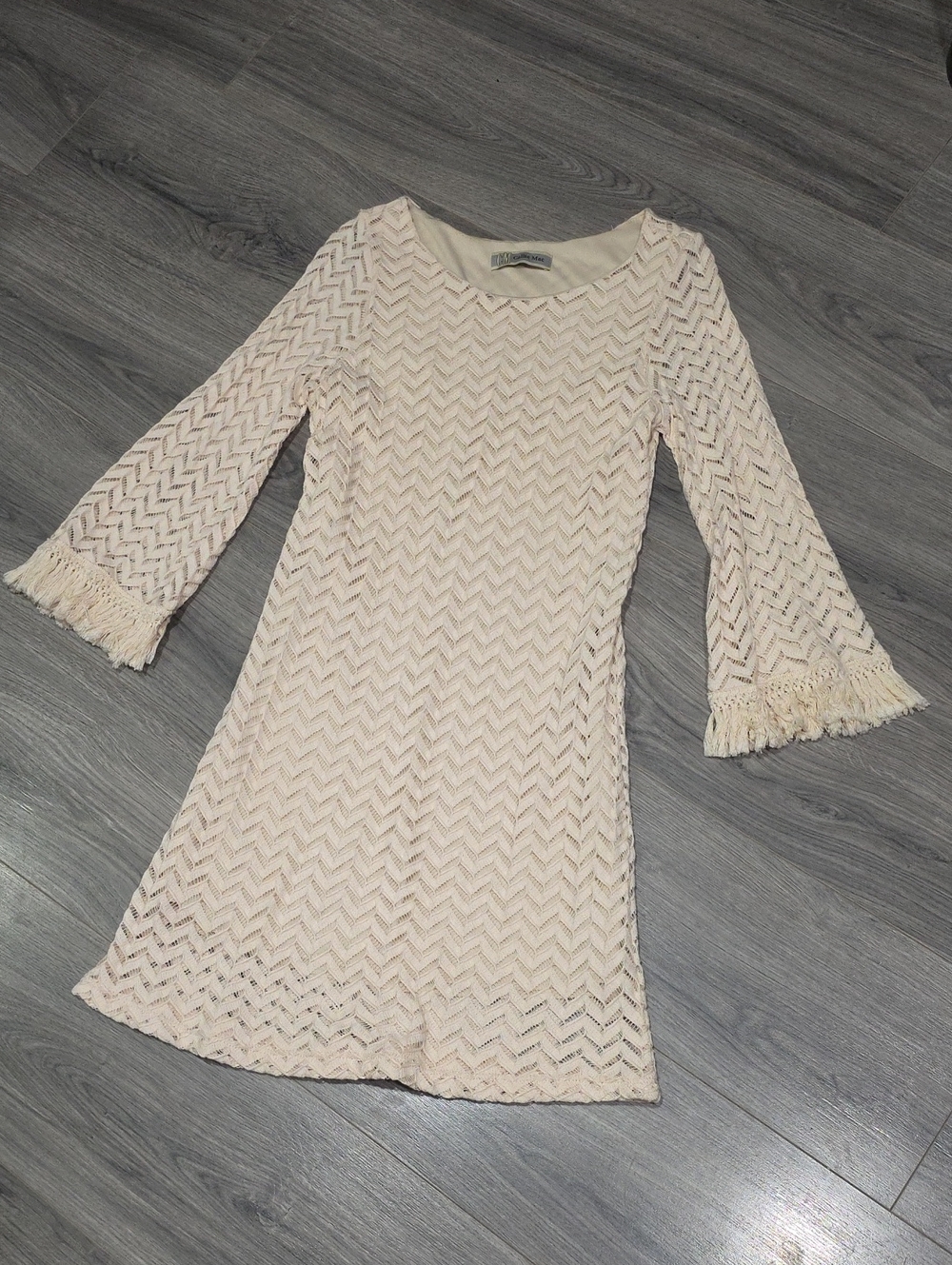 Callie Mac Cream Chevron Crochet Boho Bell-Sleeve Dress